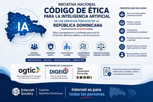 Infografía sobre la iniciativa nacional para un Código de Ética de la Inteligencia Artificial en la República Dominican desarrollado por Isoc-do